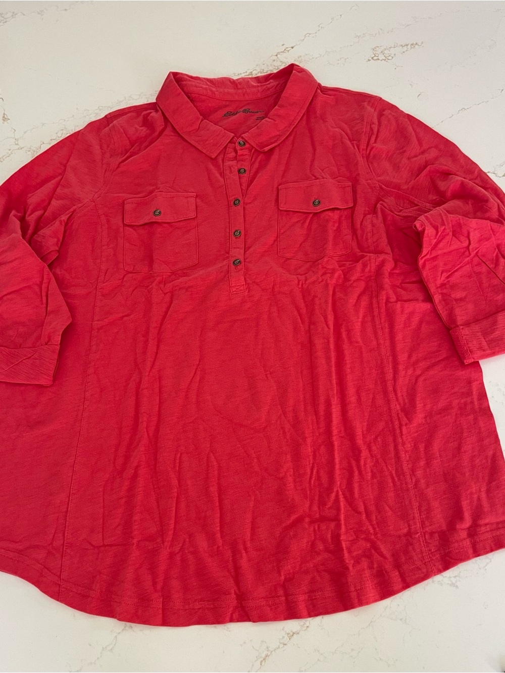 NWT Eddie Bauer Women’s Cotton Primrose Red Button-Pocket Henley Shirt, Size 1X